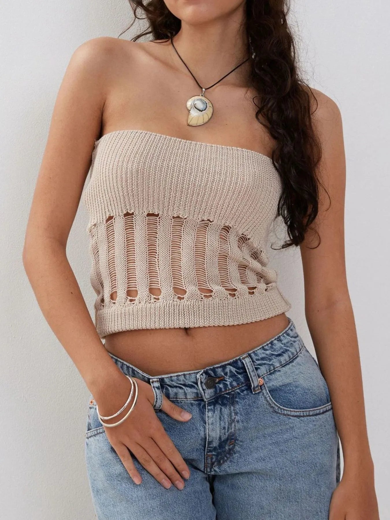 Openwork knit tube top.