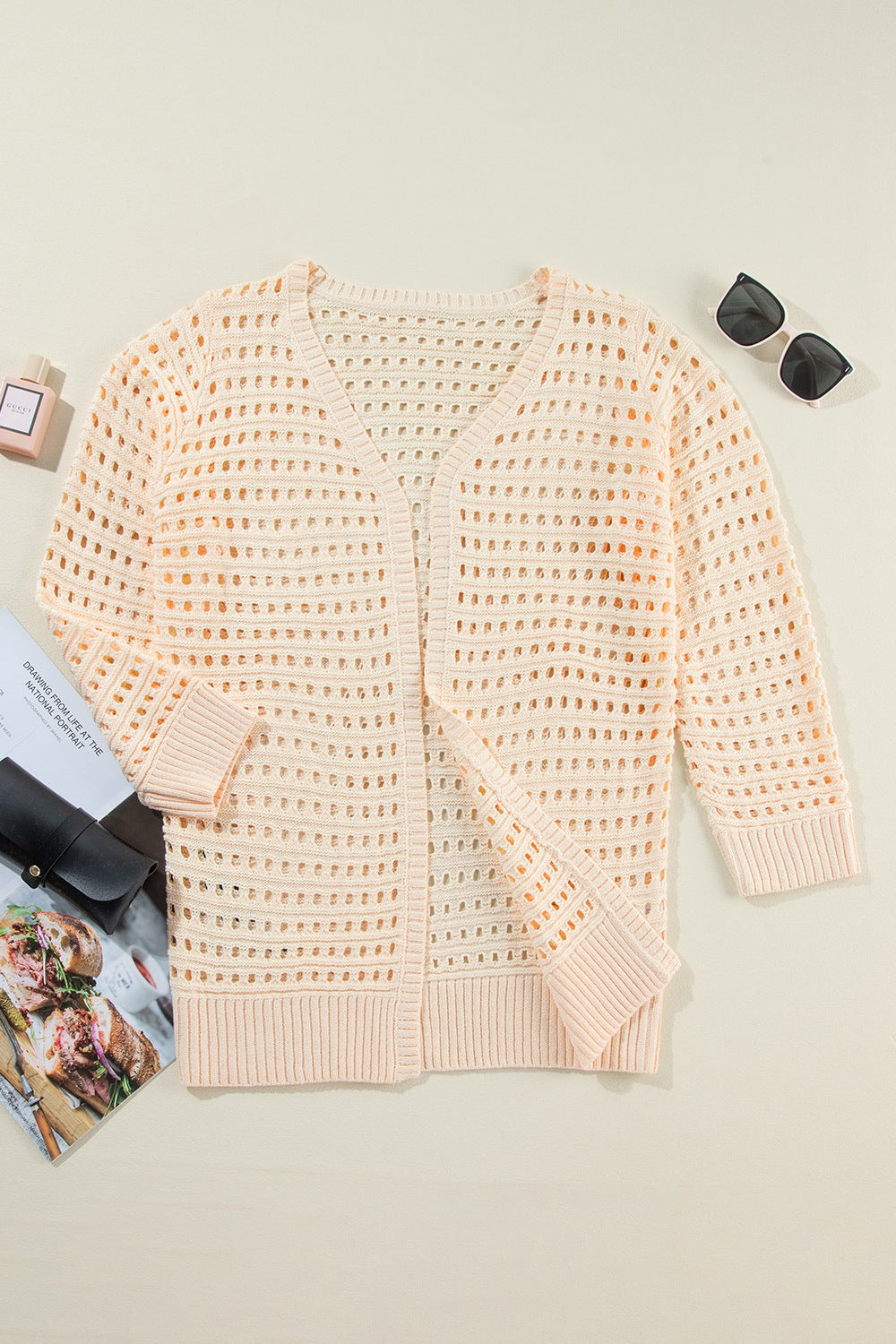 Openwork open front cardigan.