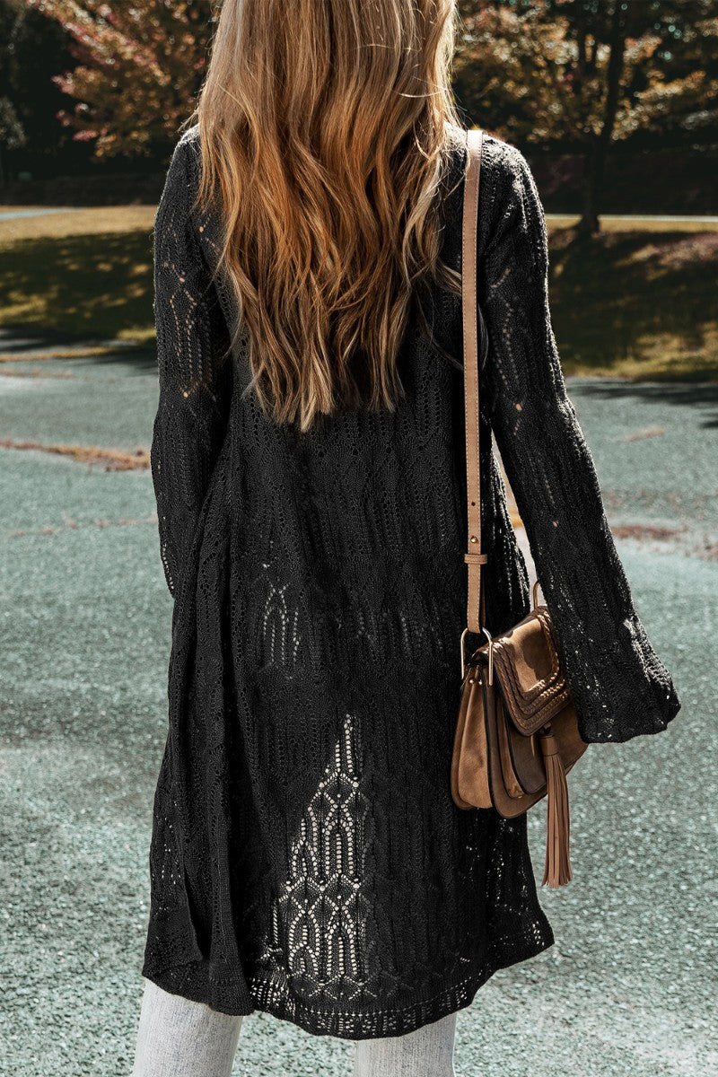 Openwork open front long sleeve cardigan.