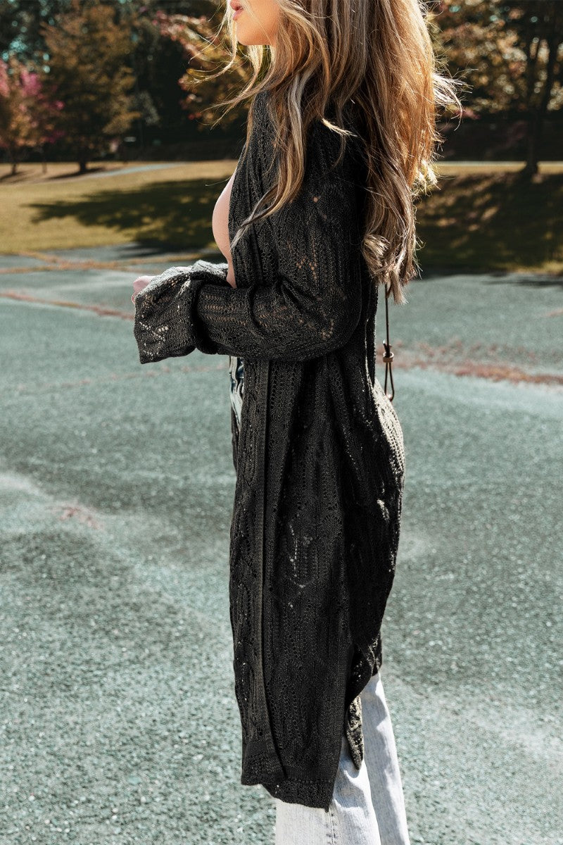 Openwork open front long sleeve cardigan.