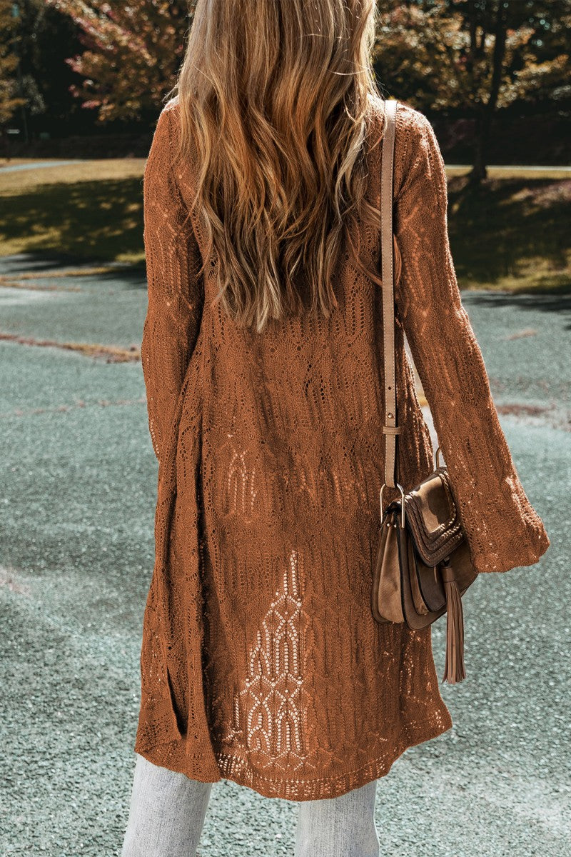 Openwork open front long sleeve cardigan.