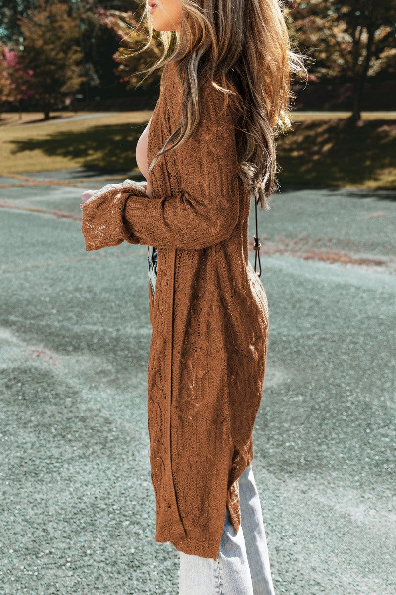 Openwork open front long sleeve cardigan.
