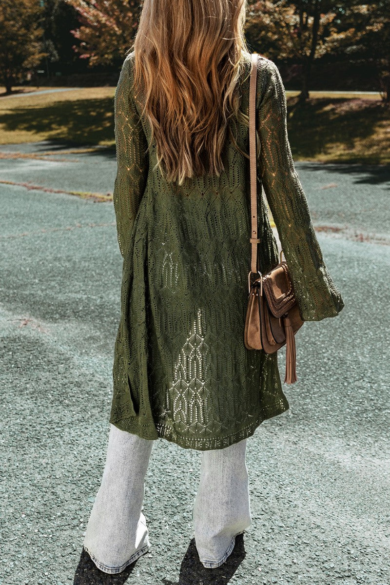 Openwork open front long sleeve cardigan.