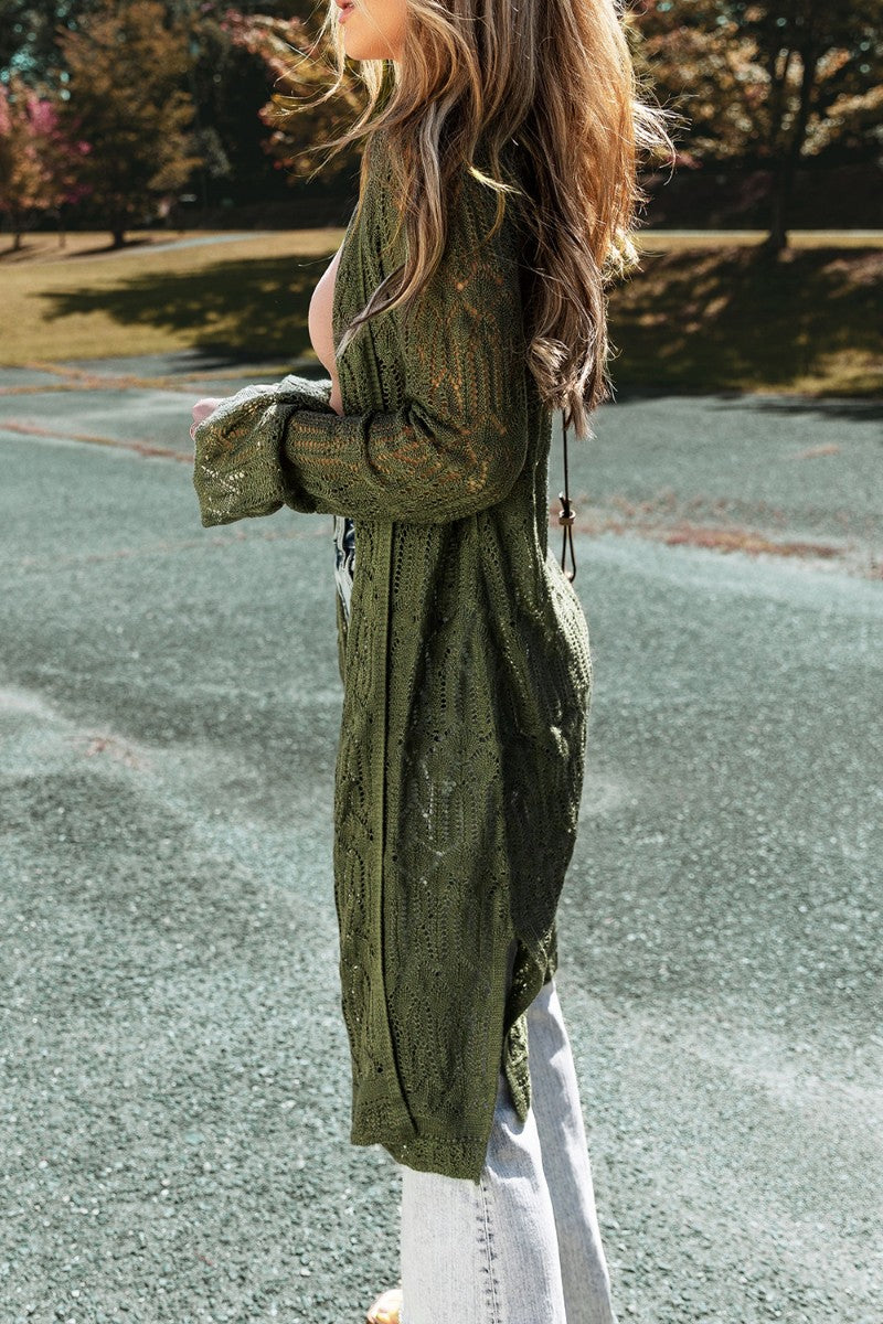 Openwork open front long sleeve cardigan.