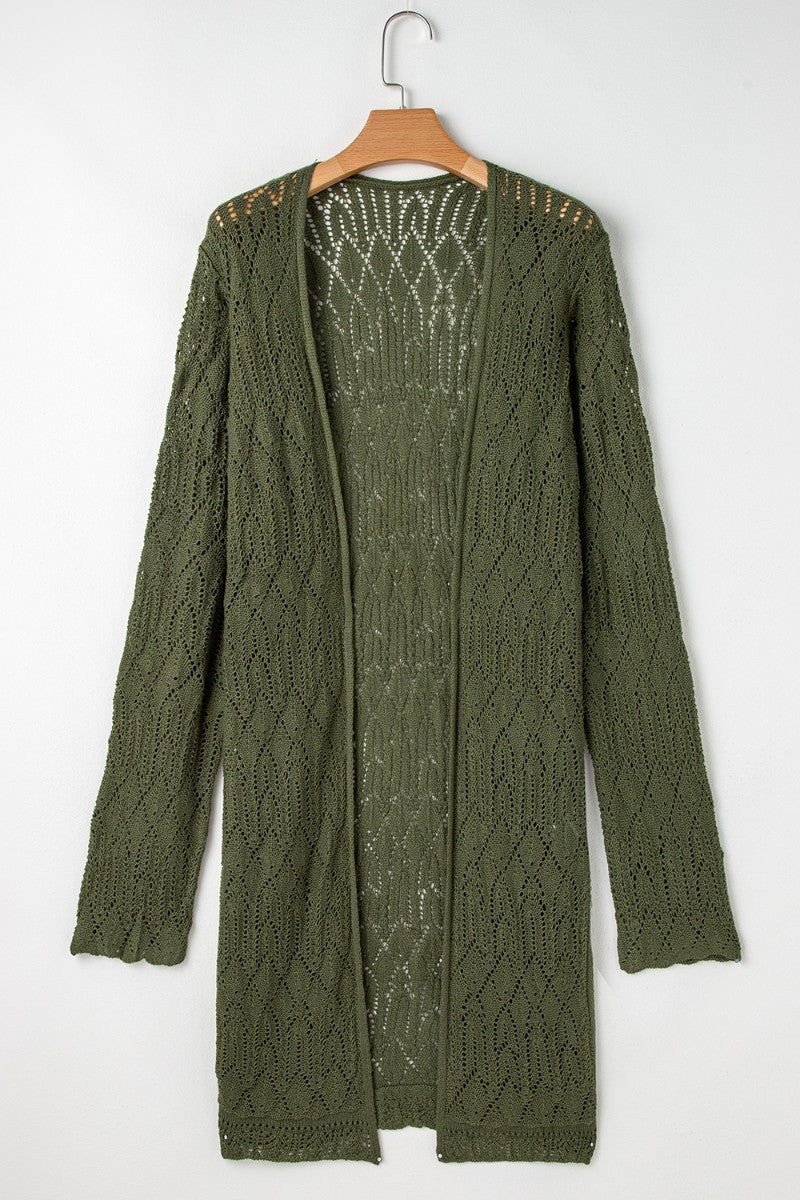 Openwork open front long sleeve cardigan.