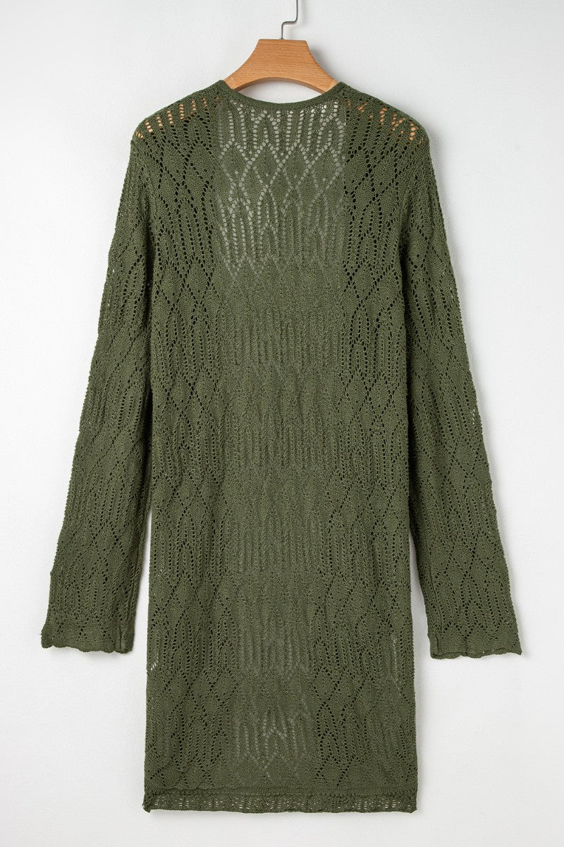 Openwork open front long sleeve cardigan.