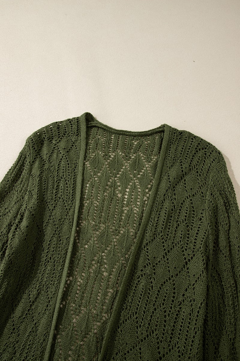 Openwork open front long sleeve cardigan.