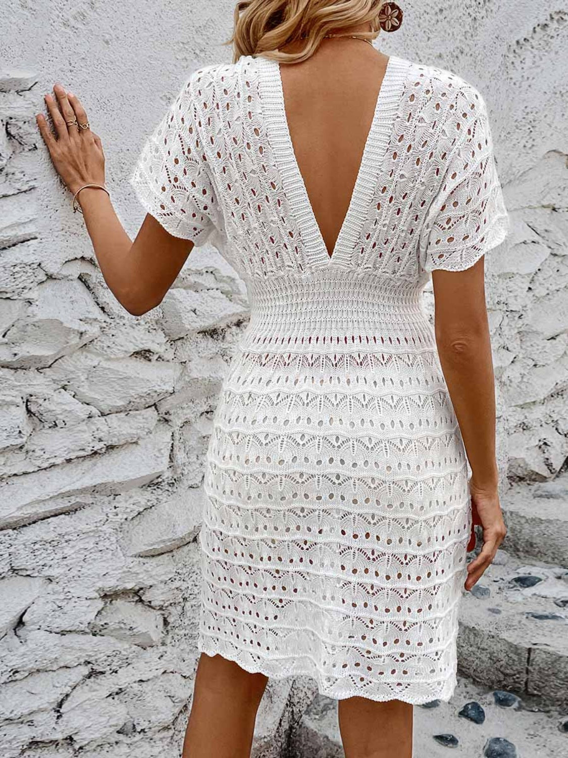 Openwork Plunge Short Sleeve Cover-Up Dress.