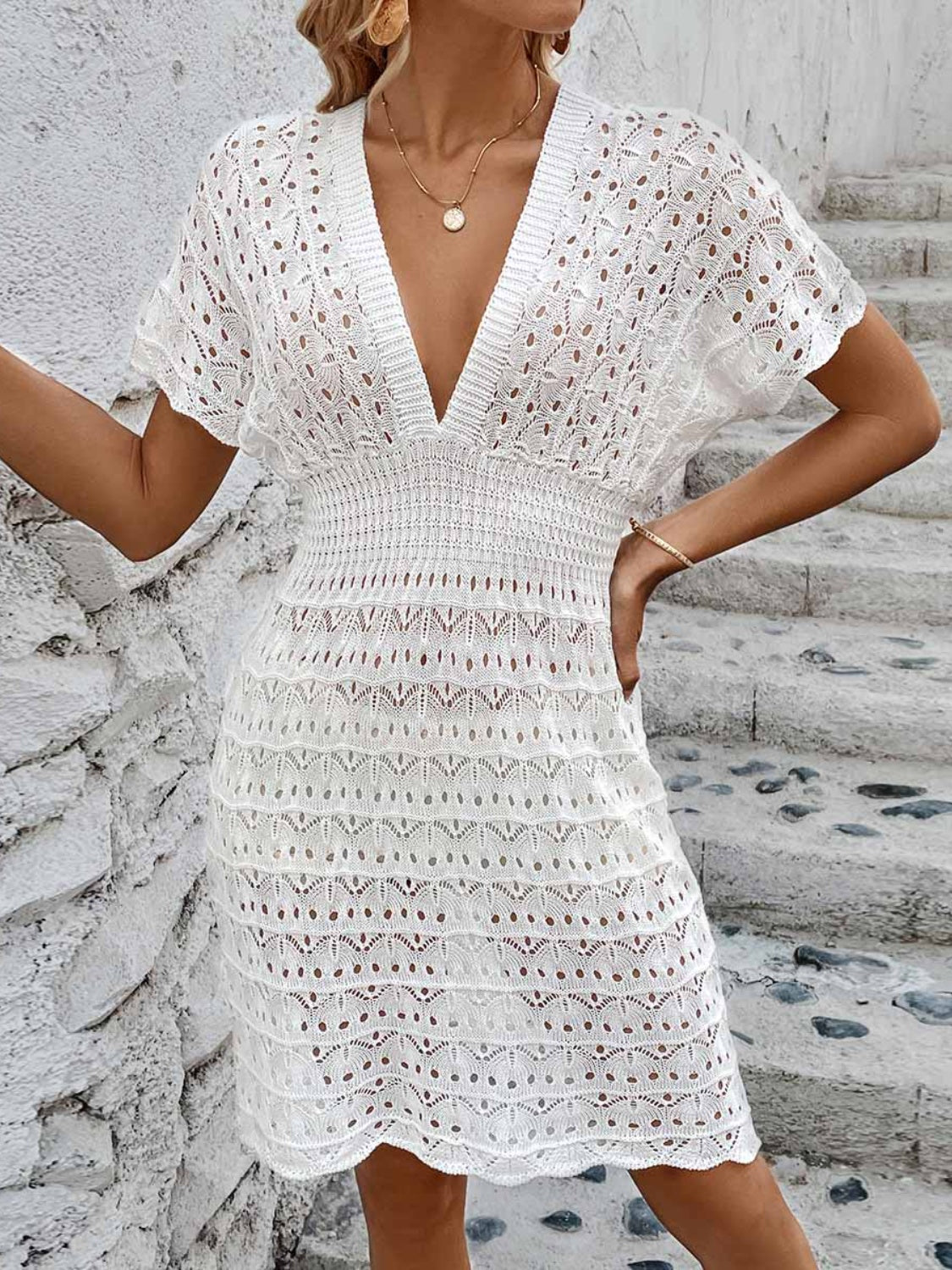 Openwork Plunge Short Sleeve Cover-Up Dress.