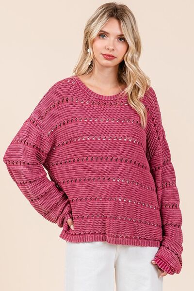 Mittoshop Openwork Round Neck Drop Shoulder Sweater.