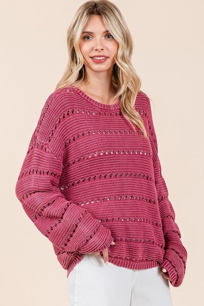 Mittoshop Openwork Round Neck Drop Shoulder Sweater.