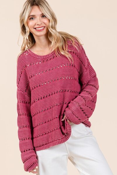 Mittoshop Openwork Round Neck Drop Shoulder Sweater.