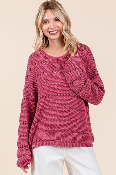 Mittoshop Openwork Round Neck Drop Shoulder Sweater.