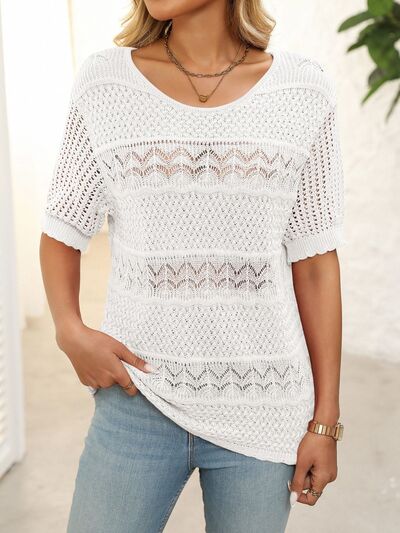 Mandy Openwork Round Neck Half Sleeve Knit Top.