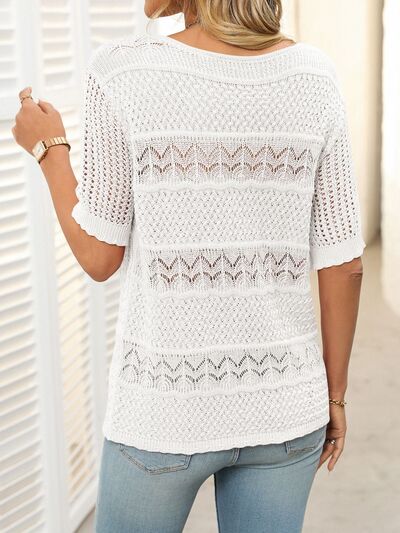 Mandy Openwork Round Neck Half Sleeve Knit Top.