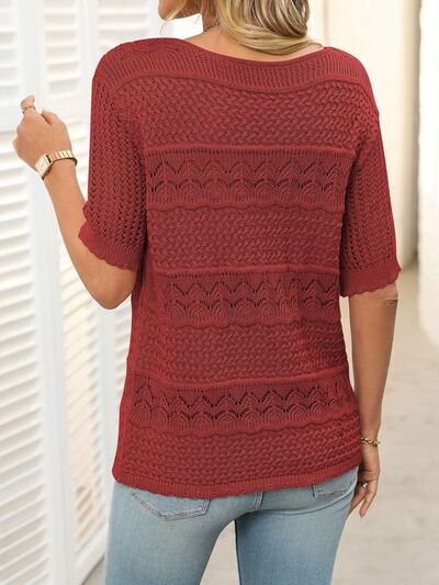 Mandy Openwork Round Neck Half Sleeve Knit Top.