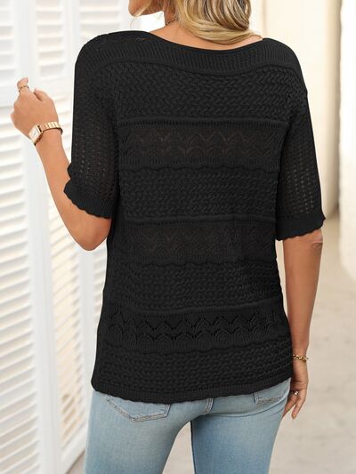 Mandy Openwork Round Neck Half Sleeve Knit Top.