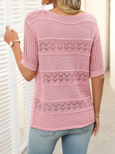 Mandy Openwork Round Neck Half Sleeve Knit Top.