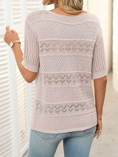 Mandy Openwork Round Neck Half Sleeve Knit Top.