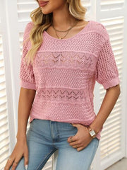 Mandy Openwork Round Neck Half Sleeve Knit Top.