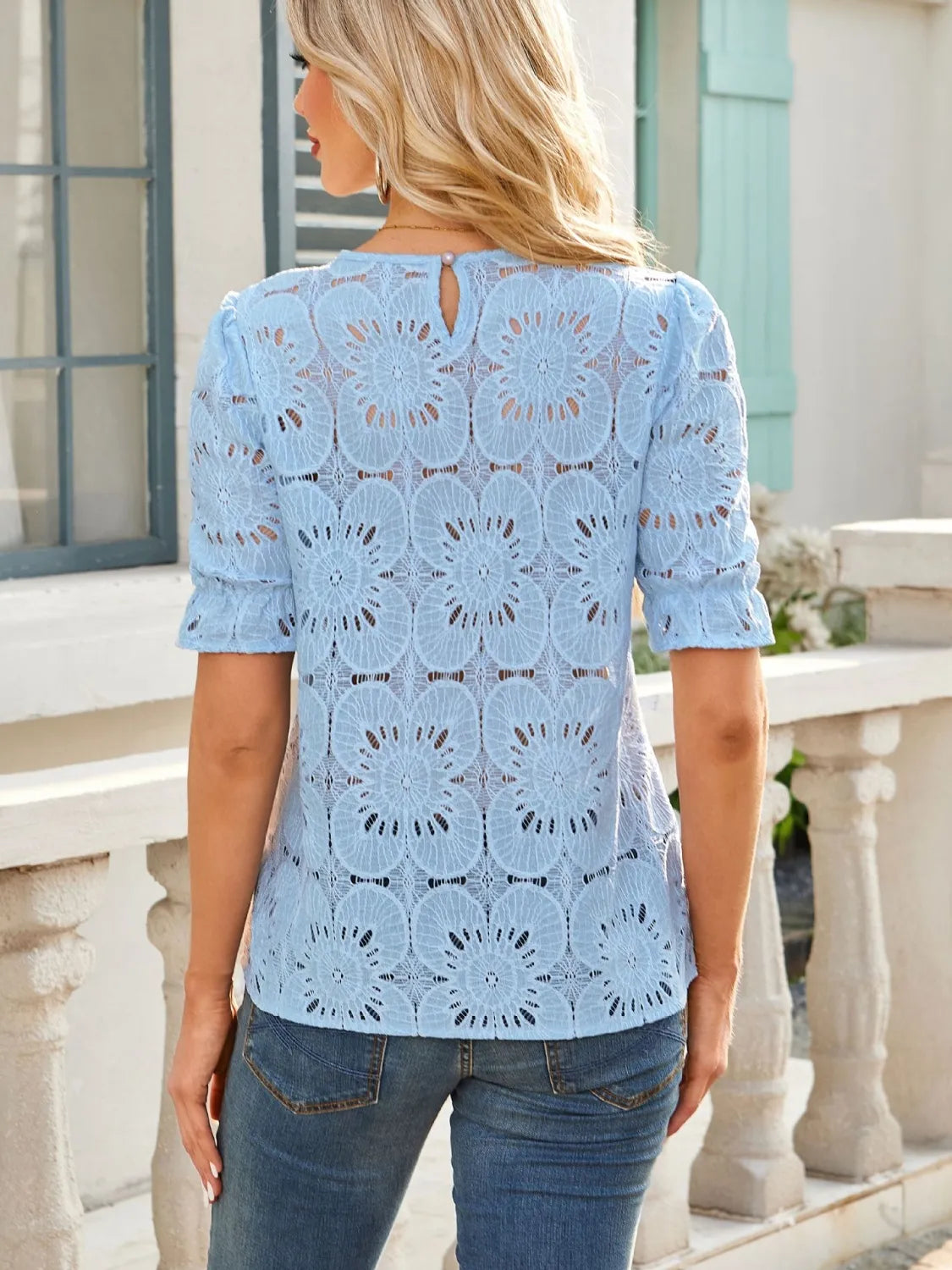Openwork Round Neck Short Sleeve Top with Cutout.