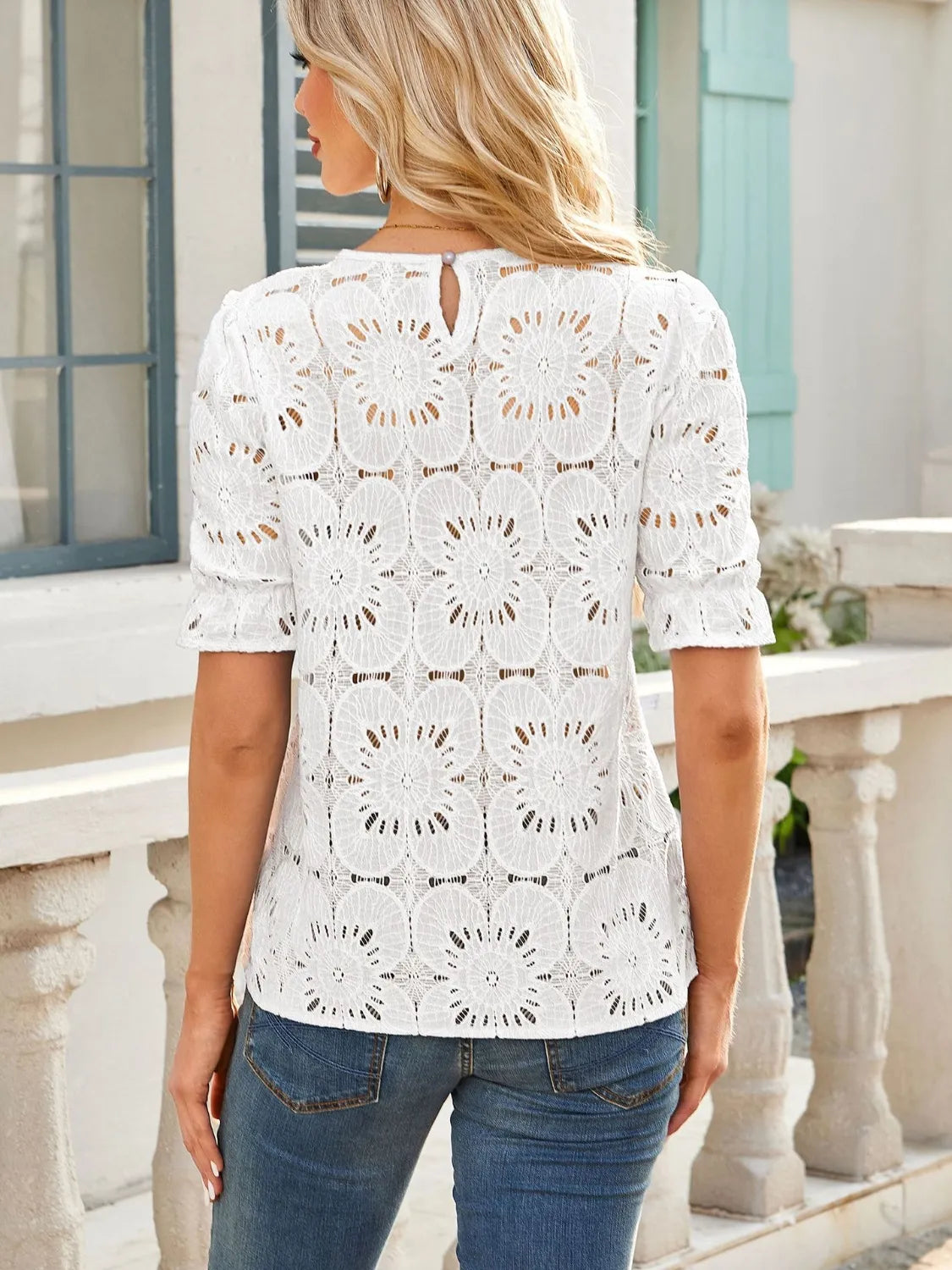 Openwork Round Neck Short Sleeve Top with Cutout.