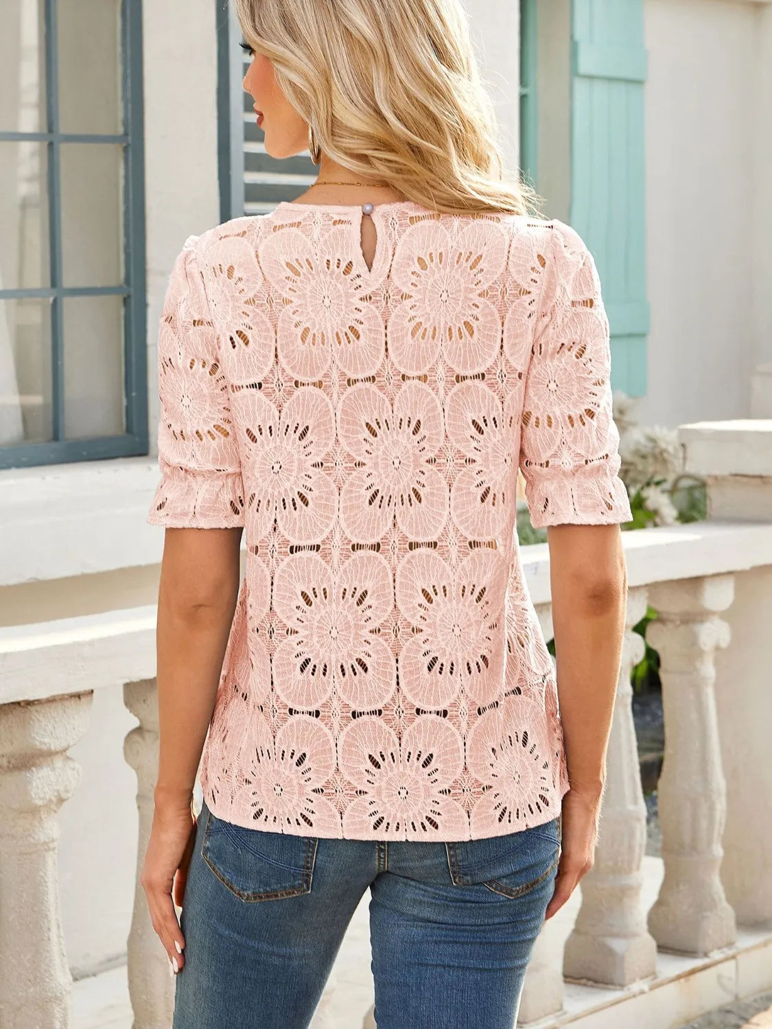 Openwork Round Neck Short Sleeve Top with Cutout.
