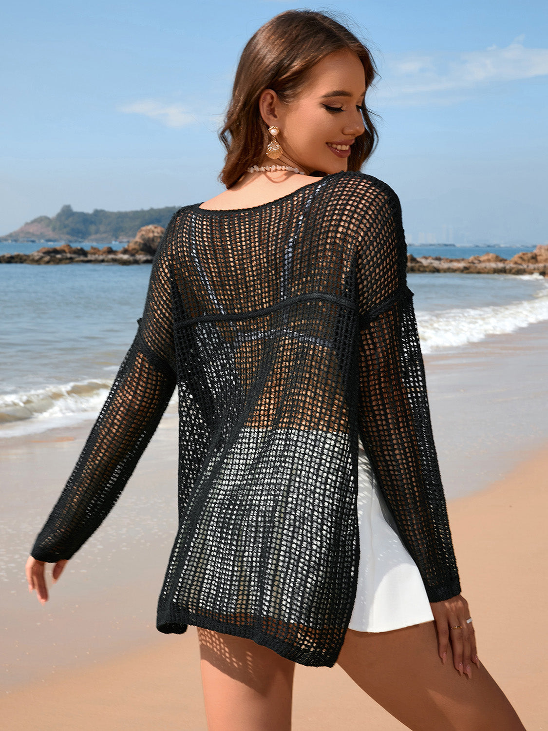 Openwork Slit Boat Neck Long Sleeve Cover-Up.