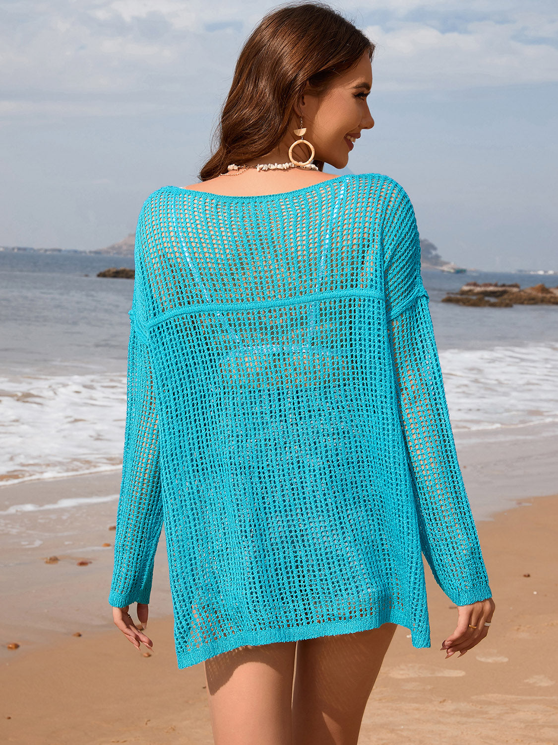 Openwork Slit Boat Neck Long Sleeve Cover-Up.