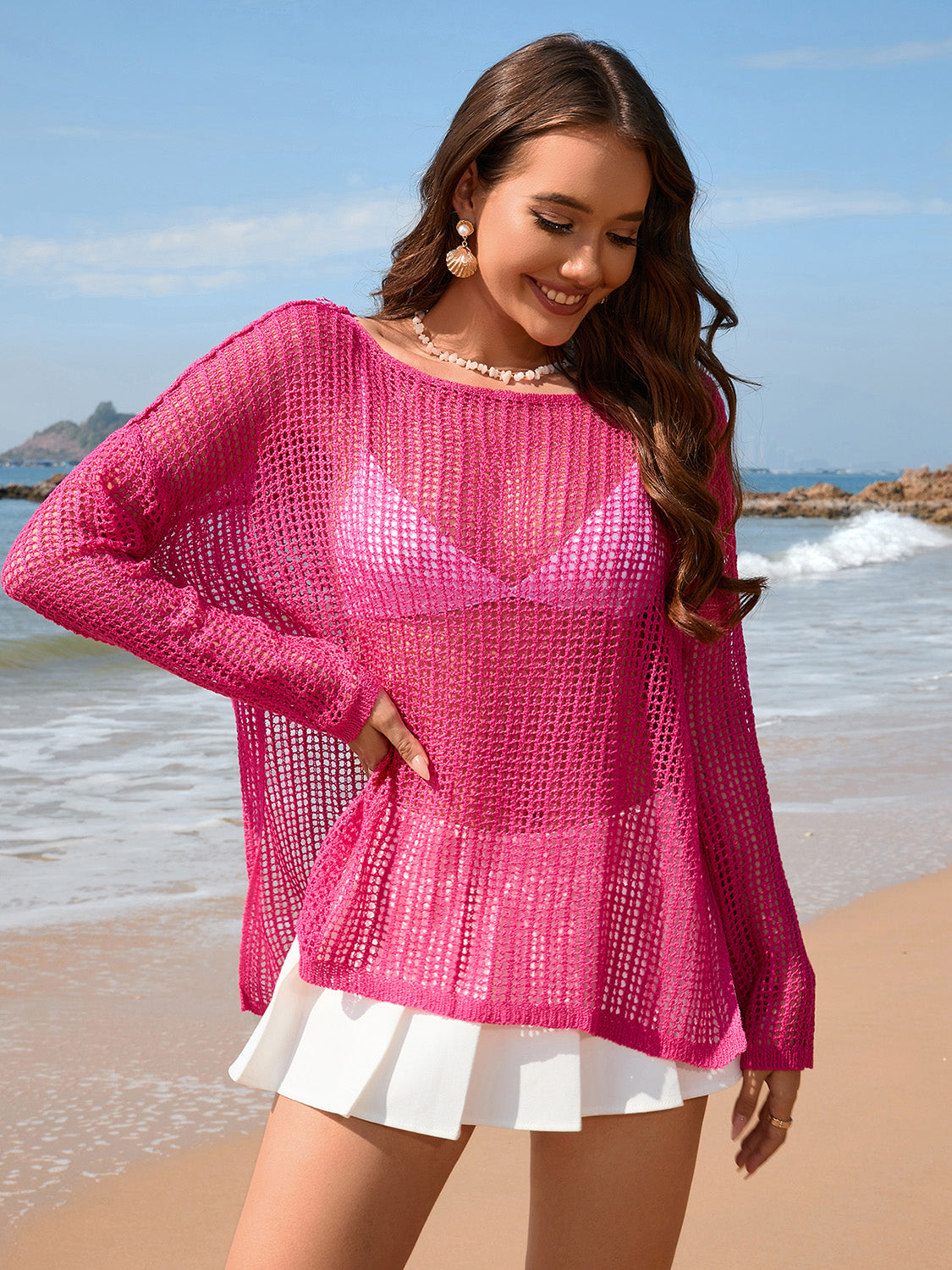 Openwork Slit Boat Neck Long Sleeve Cover-Up.