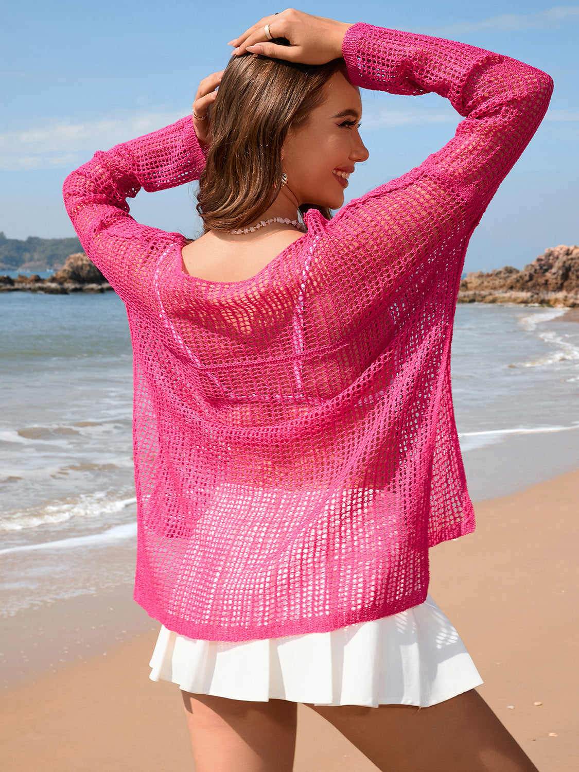 Openwork Slit Boat Neck Long Sleeve Cover-Up.