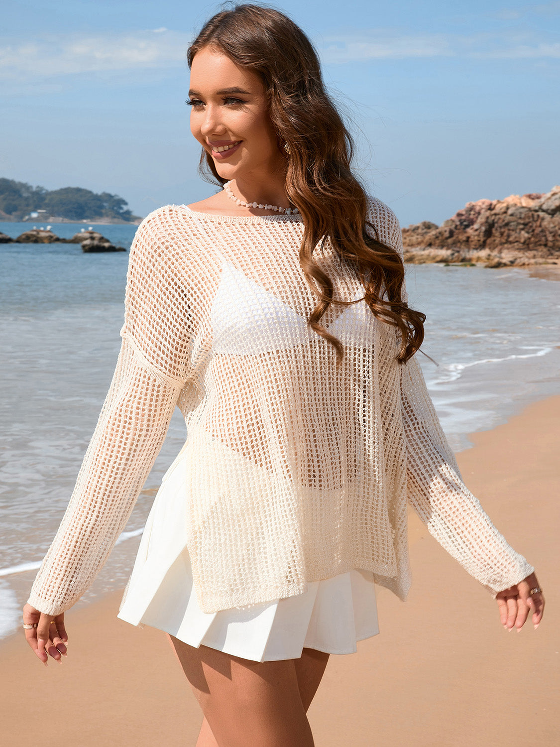 Openwork Slit Boat Neck Long Sleeve Cover-Up.