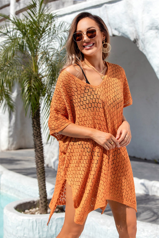 Angel Wings Openwork Slit Scoop Neck Cover Up.
