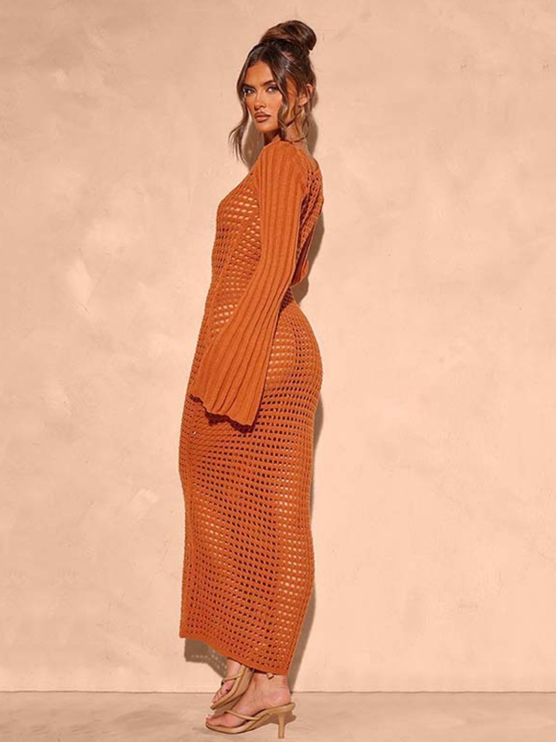 Openwork Square Neck Flare Sleeve Cover-Up Dress.