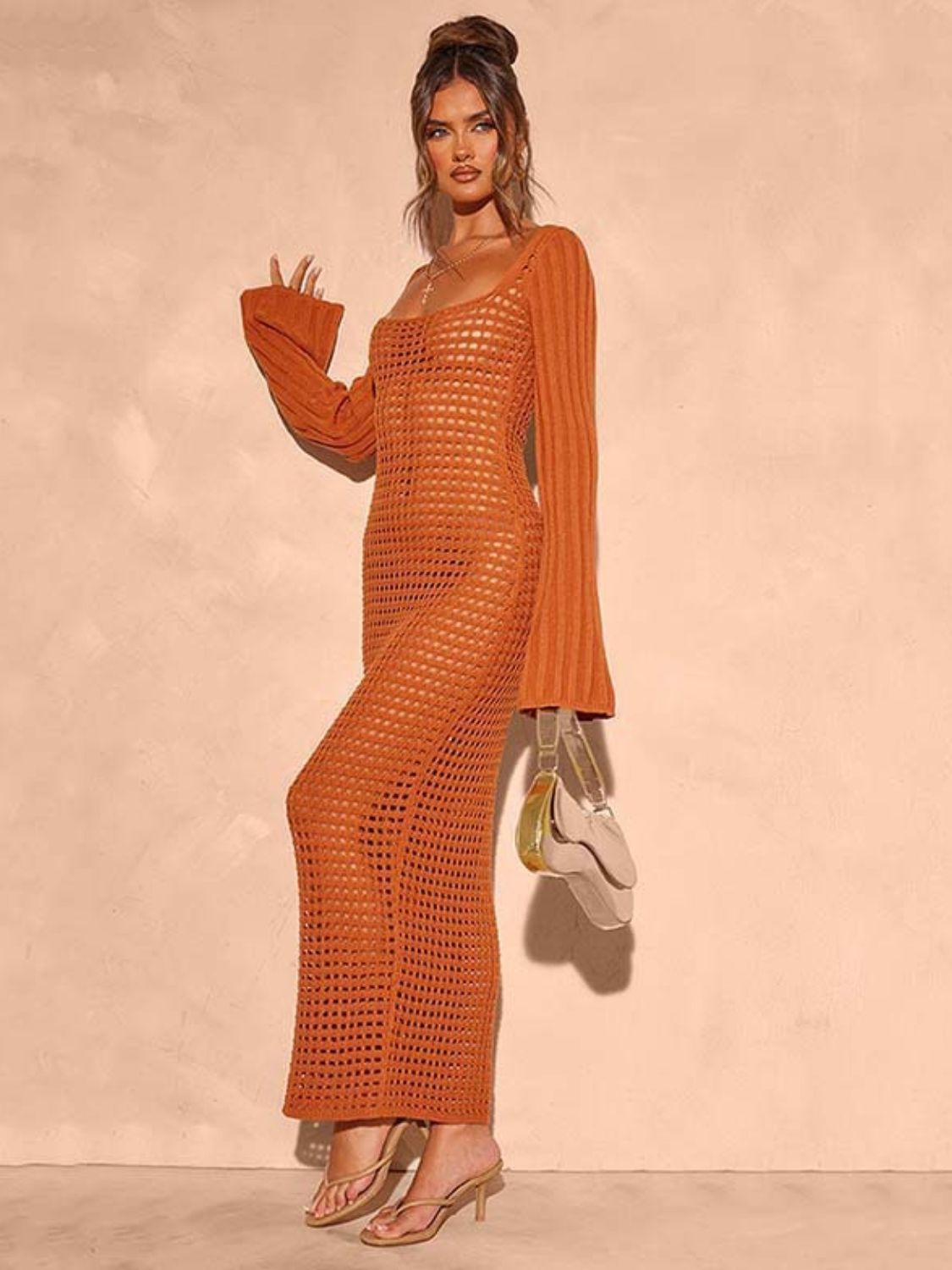 Openwork Square Neck Flare Sleeve Cover-Up Dress.