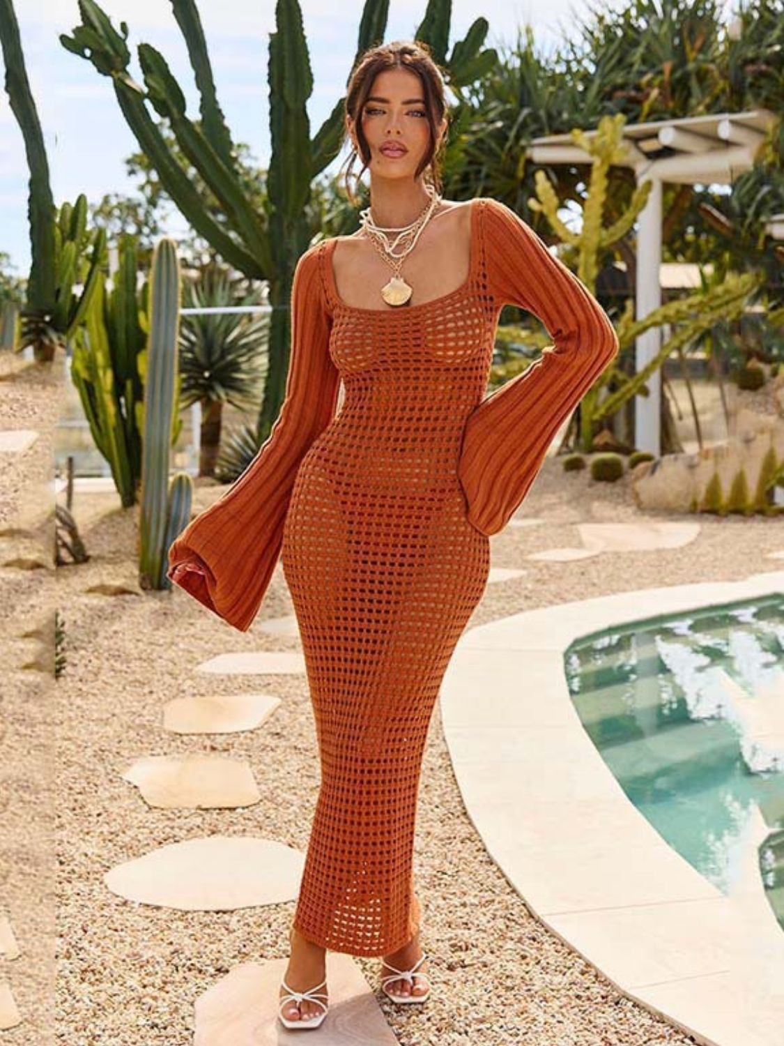 Openwork Square Neck Flare Sleeve Cover-Up Dress.