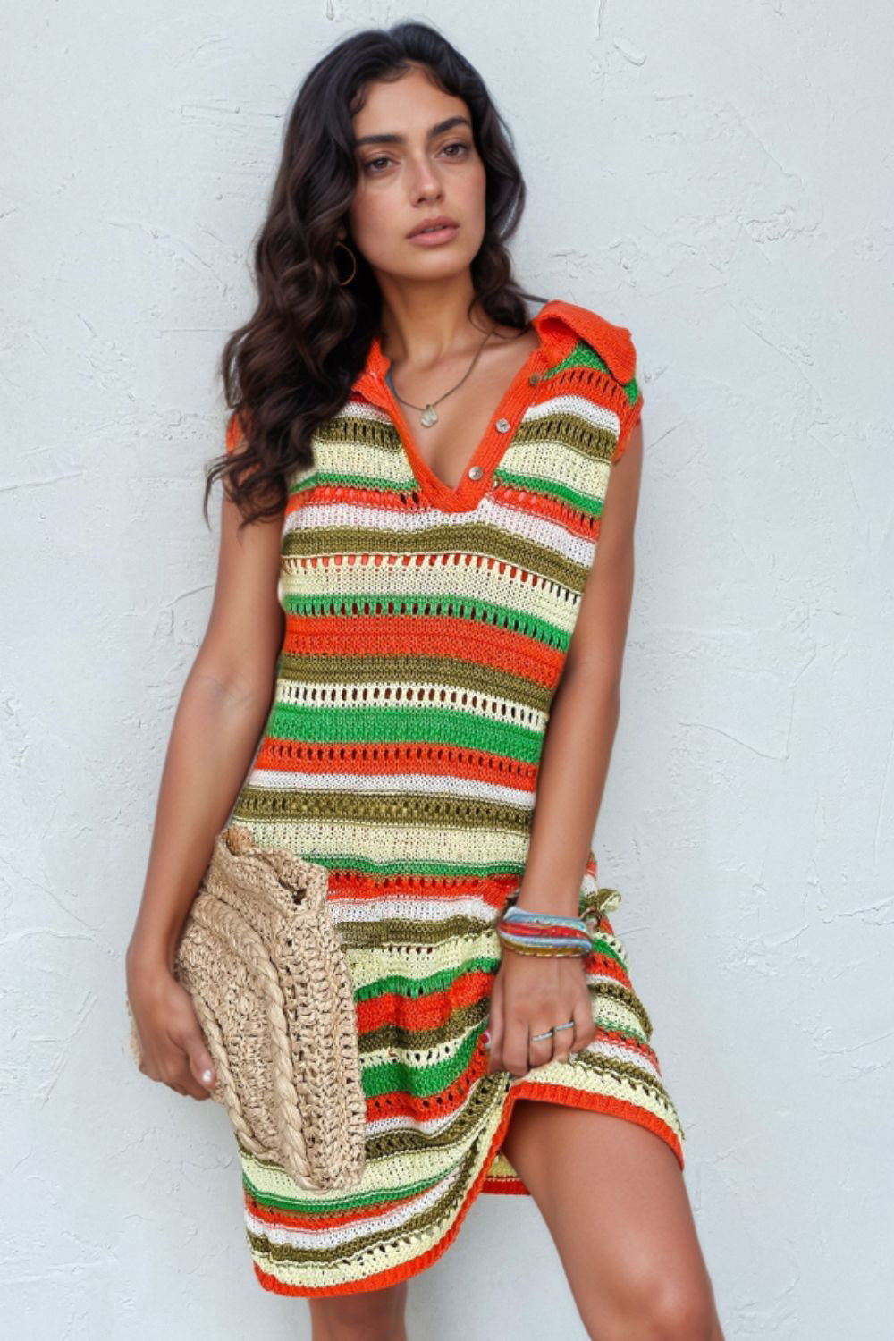 Openwork Stripe Sleeveless Sweater Dress.