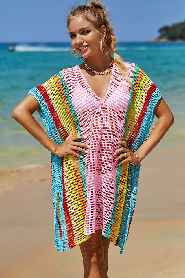 Angel Wings Openwork Striped Slit Knit Cover Up.