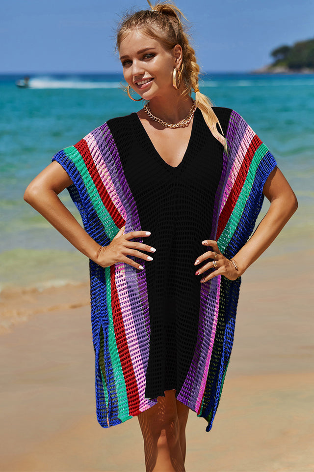 Angel Wings Openwork Striped Slit Knit Cover Up.
