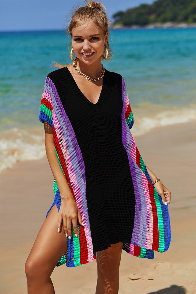 Angel Wings Openwork Striped Slit Knit Cover Up.