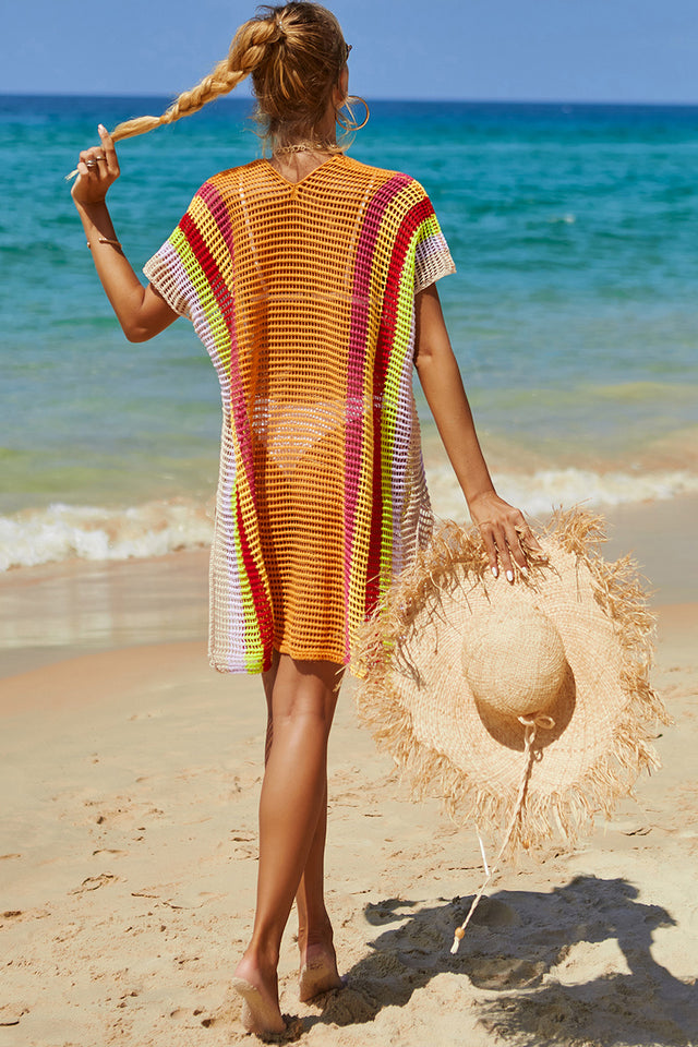 Angel Wings Openwork Striped Slit Knit Cover Up.