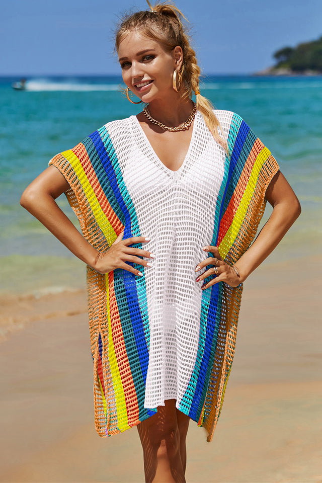 Angel Wings Openwork Striped Slit Knit Cover Up.