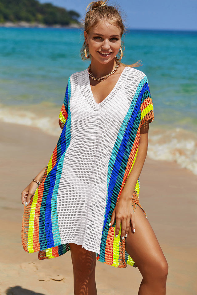 Angel Wings Openwork Striped Slit Knit Cover Up.
