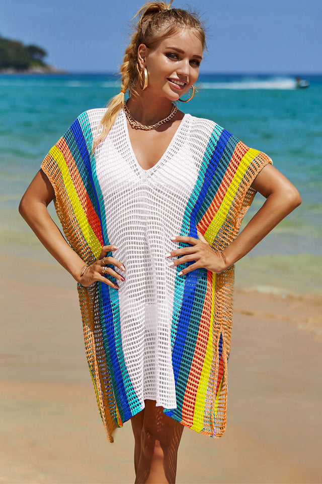 Angel Wings Openwork Striped Slit Knit Cover Up.
