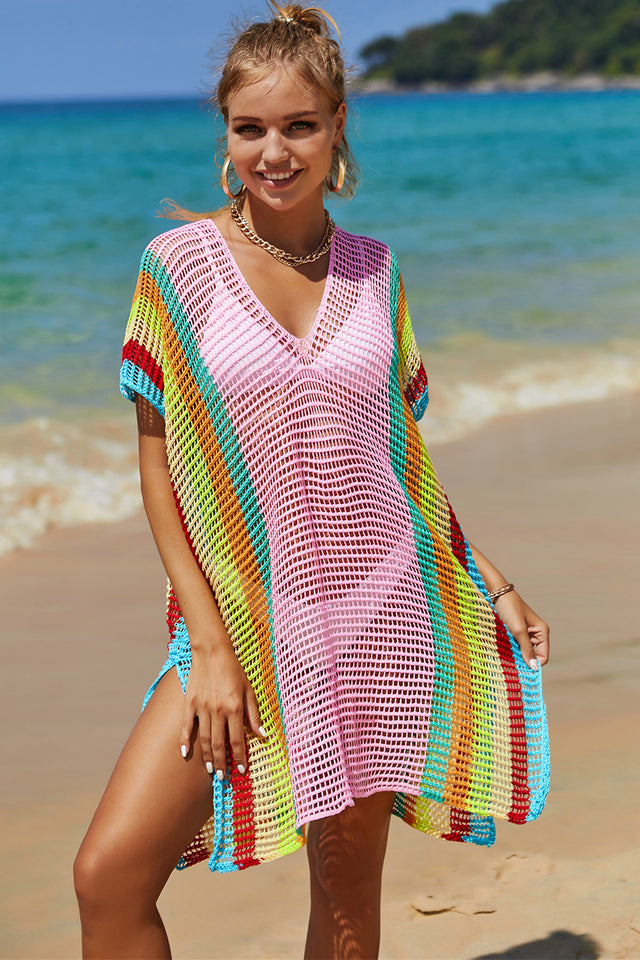 Angel Wings Openwork Striped Slit Knit Cover Up.