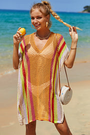 Angel Wings Openwork Striped Slit Knit Cover Up.