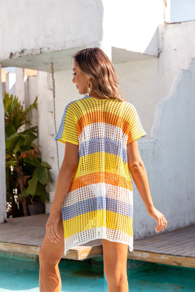 Angel Wings Openwork Striped V-Neck Short Sleeve Cover Up.