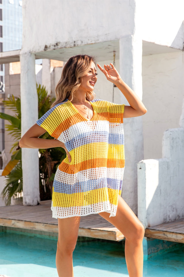 Angel Wings Openwork Striped V-Neck Short Sleeve Cover Up.