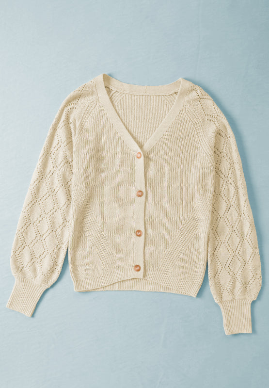 Openwork V-neck button up cardigan.