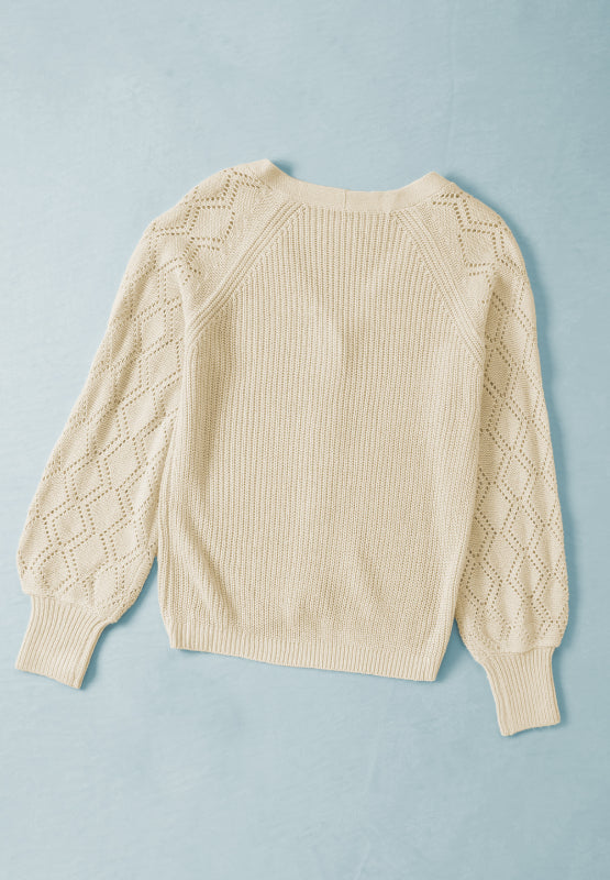 Openwork V-neck button up cardigan.